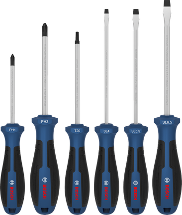 Set obeng Bosch 6 buah dengan gagang berkode warna.